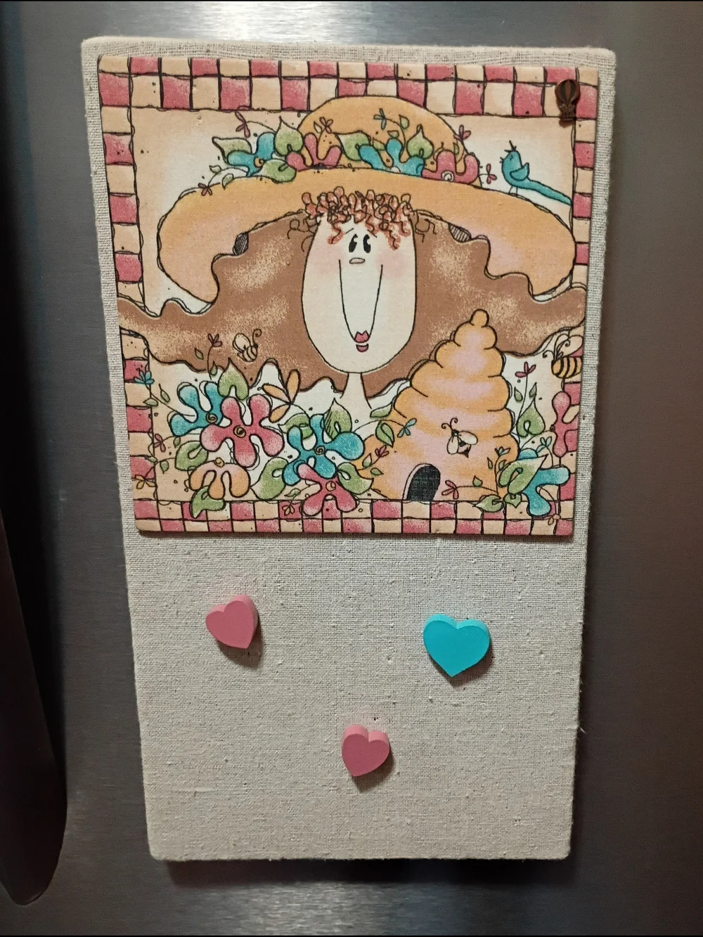 80s/90s Linen Memo Note Holder With Whimsical Gal And Magnetic Back